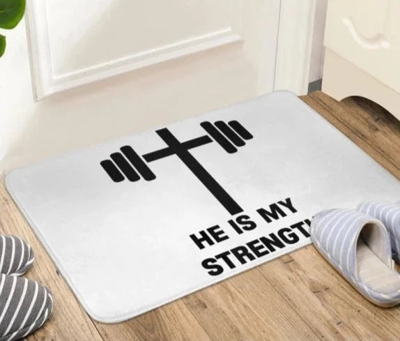 Christian Cross Mat "He Is Strength" Rug Decor